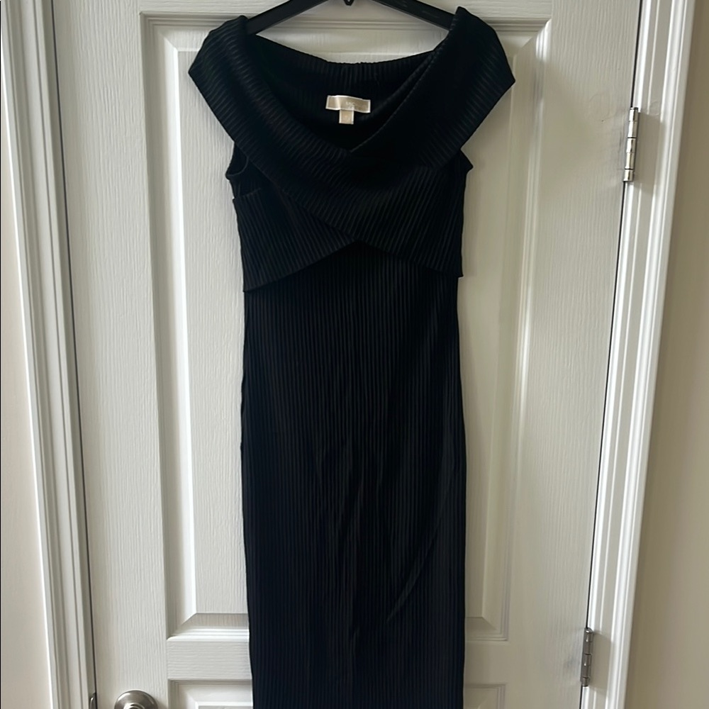 Michael Kors Black Ribbed Off Shoulder Cocktail Dress